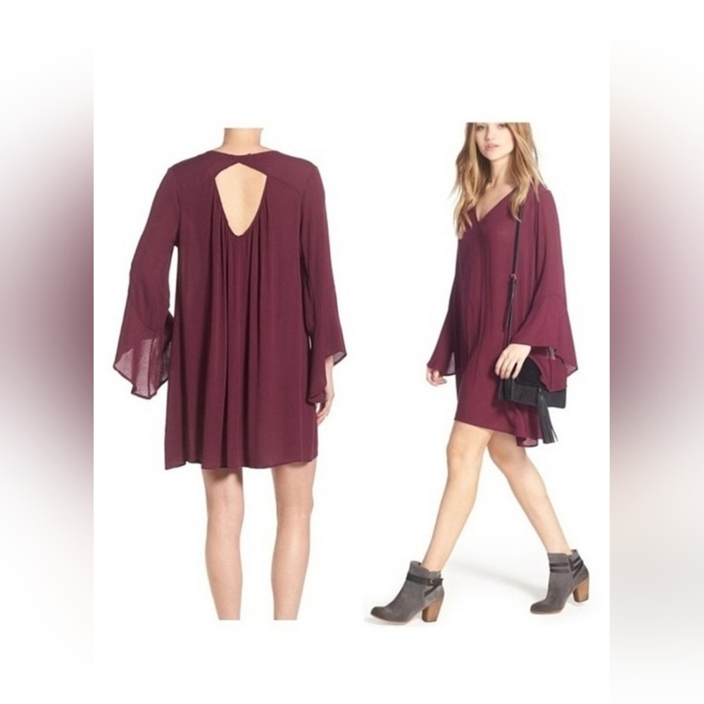 Lush Whitney Boho Festival Bell Sleeves Draped Relaxed Mini Shift Dress XS NWT